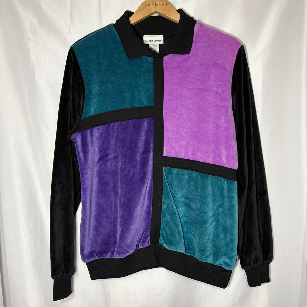 Vintage Alfred Dunner Velvet Colorblock Polo Top Purple Teal Black Small‎